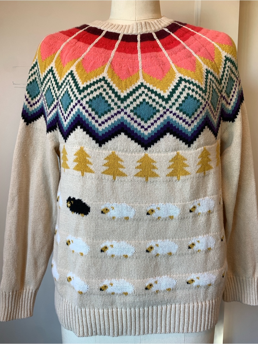 ModCloth Cream Fair Isle Sweater with Colorful Yoke and Sheep Motif